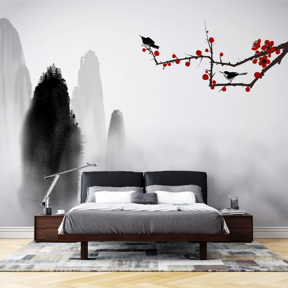 Tapet Zen Oriental cu prun rosu si munti pictati in stil watercolor - ORIENTAL RED PLUM