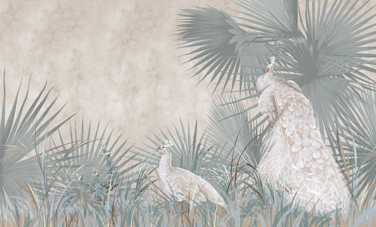 Tapet Zen Oriental cu palmieri si pauni albi pe un fundal texturat crem - WHITE PEACOCKS