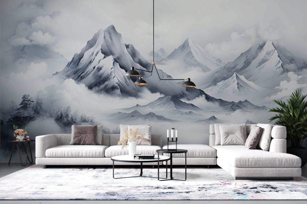 Tapet Zen Oriental cu munti inalti inzapeziti si ceata - WINTER PEAKS