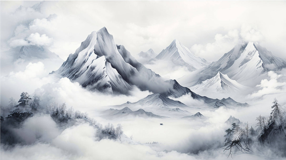 Tapet Zen Oriental cu munti inalti inzapeziti si ceata - WINTER PEAKS