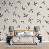 Tapet Zen Oriental cu randunele maro pe un fundal crem - SEPIA SWALLOWS