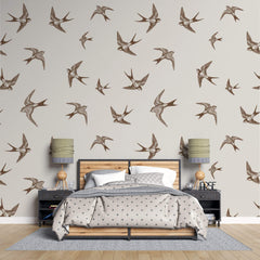 Tapet Zen Oriental cu randunele maro pe un fundal crem - SEPIA SWALLOWS