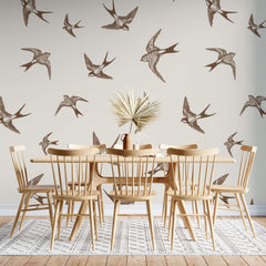 Tapet Zen Oriental cu randunele maro pe un fundal crem - SEPIA SWALLOWS