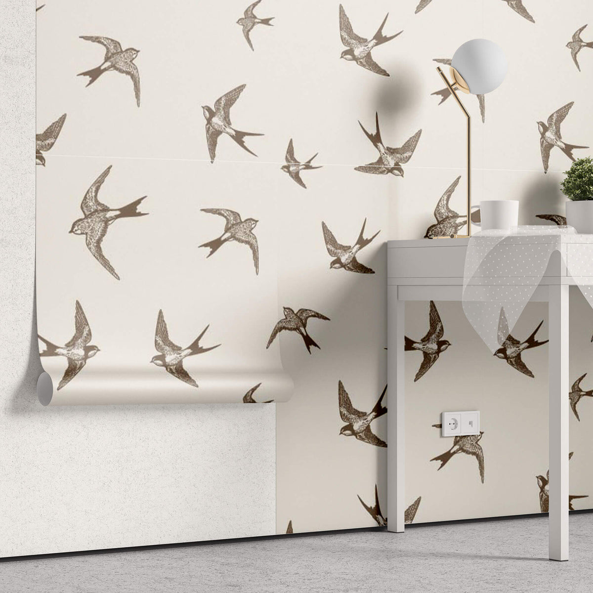 Tapet Zen Oriental cu randunele maro pe un fundal crem - SEPIA SWALLOWS