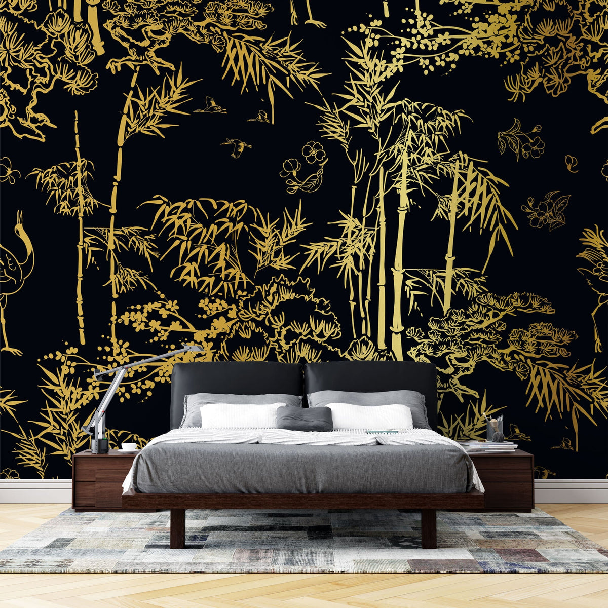 Tapet Zen Oriental cu bambusi aurii pe un fundal negru - GOLDEN BAMBOO FOREST