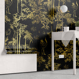 Tapet Zen Oriental cu bambusi aurii pe un fundal negru - GOLDEN BAMBOO FOREST