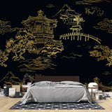 Tapet Zen Oriental cu temple chinezesti aurii pe un fundal negru - GOLDEN TEMPLE