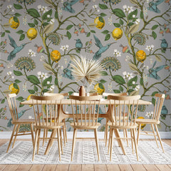Tapet Zen Oriental cu lamai inflorit si pasari colorate - HUMMINGBIRD LEMON TREE