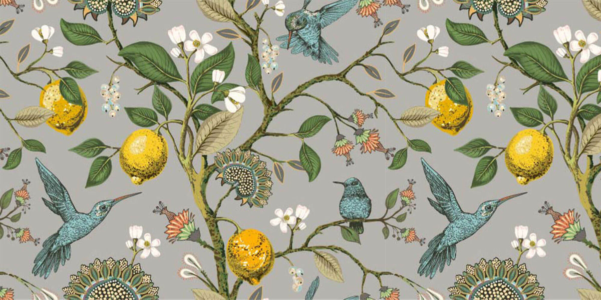 Tapet Zen Oriental cu lamai inflorit si pasari colorate - HUMMINGBIRD LEMON TREE