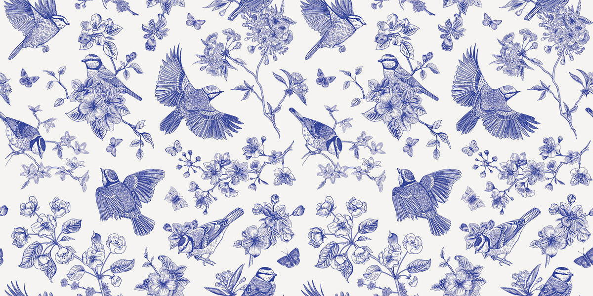Tapet Zen Oriental cu pasari si crengute inflorite in nuante de albastru - BLUE BIRDS CHINOISERIE