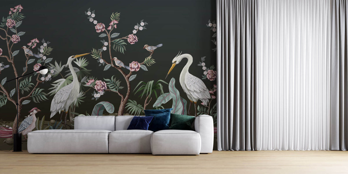 Tapet Zen Oriental cu copaci infloriti si pasari orientale - BABY PEACOCK
