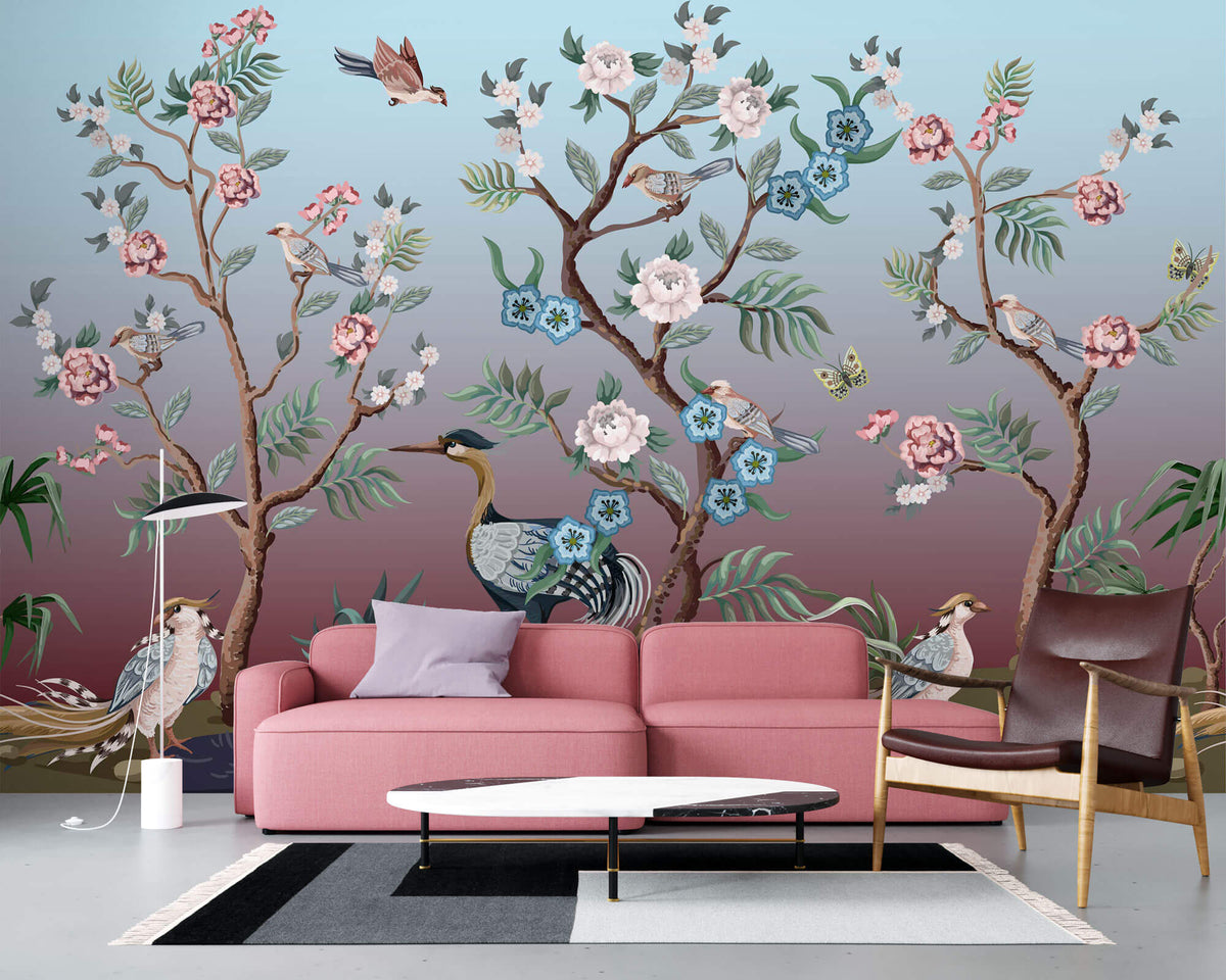 Tapet Zen Oriental cu copaci infloriti si pasari orientale - CANDY BIRDS CHINOISERIE