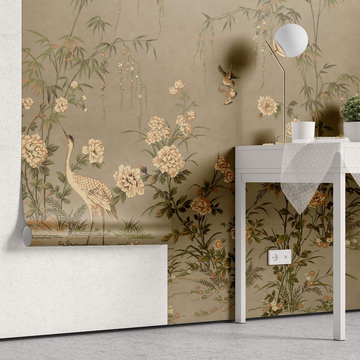 Tapet Zen Oriental cu flori orientale si pasari in nuante pamantii - VINTAGE WARM CHINOISERIE
