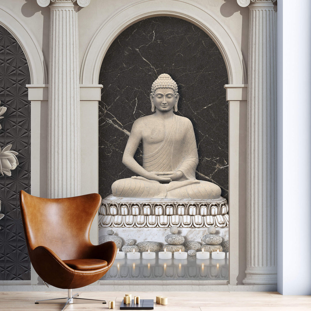 Tapet Zen Oriental cu coloane si statueta lui Buddha - STONE ARCHES BUDDHA