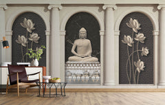 Tapet Zen Oriental cu coloane si statueta lui Buddha - STONE ARCHES BUDDHA