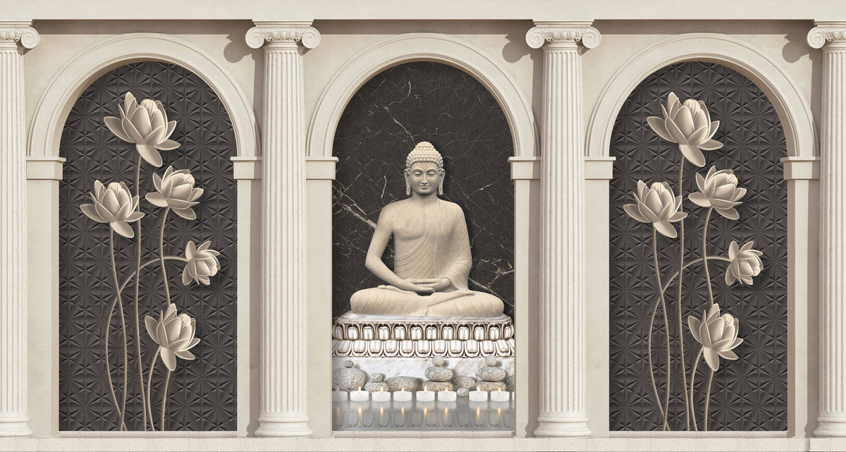 Tapet Zen Oriental cu coloane si statueta lui Buddha - STONE ARCHES BUDDHA