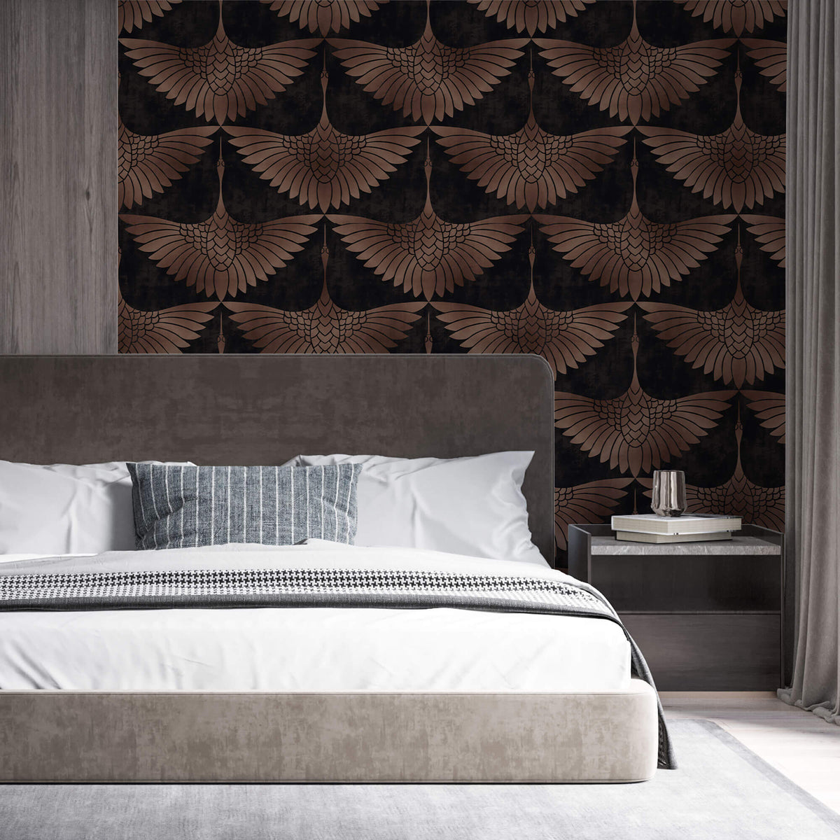 Tapet Zen Oriental cu pasari orientale in nuante maronii - BRASSY EGRETE PATTERN