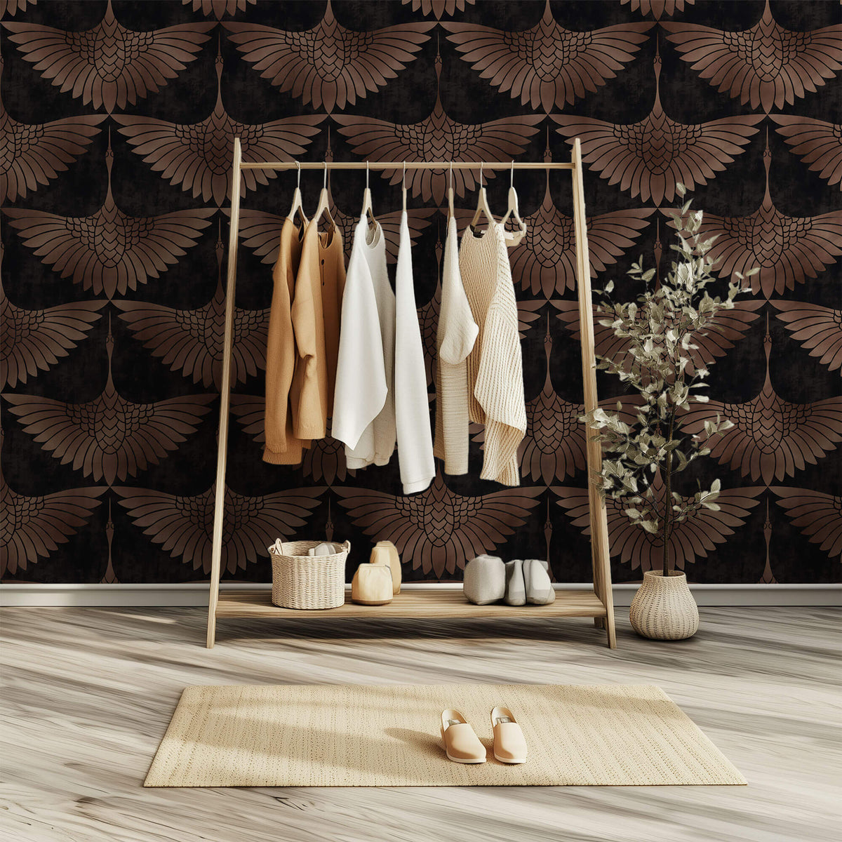 Tapet Zen Oriental cu pasari orientale in nuante maronii - BRASSY EGRETE PATTERN