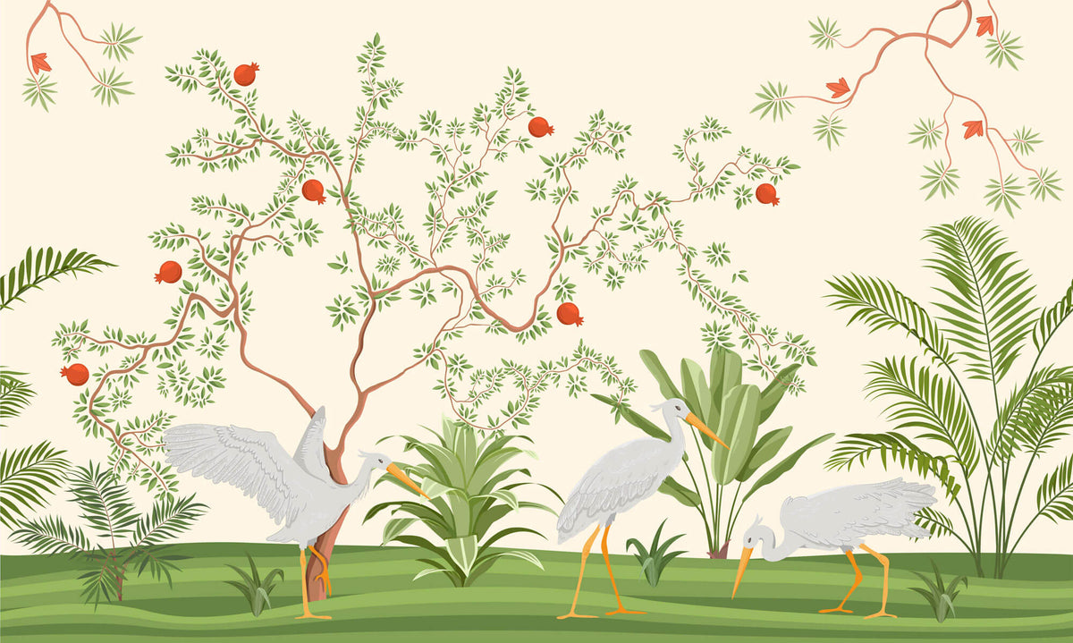 Tapet Zen Oriental cu rodii si cocori pe un fundal crem - POMEGRANATE EGRETES