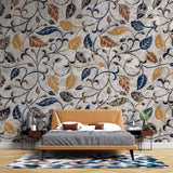 Tapet Zen Oriental cu frunze texturate in nuante de galben albastru si gri - AUTUMN MARBLE LEAVES