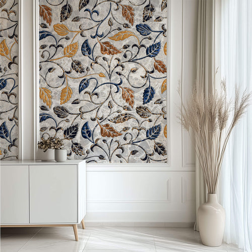 Tapet Zen Oriental cu frunze texturate in nuante de galben albastru si gri - AUTUMN MARBLE LEAVES