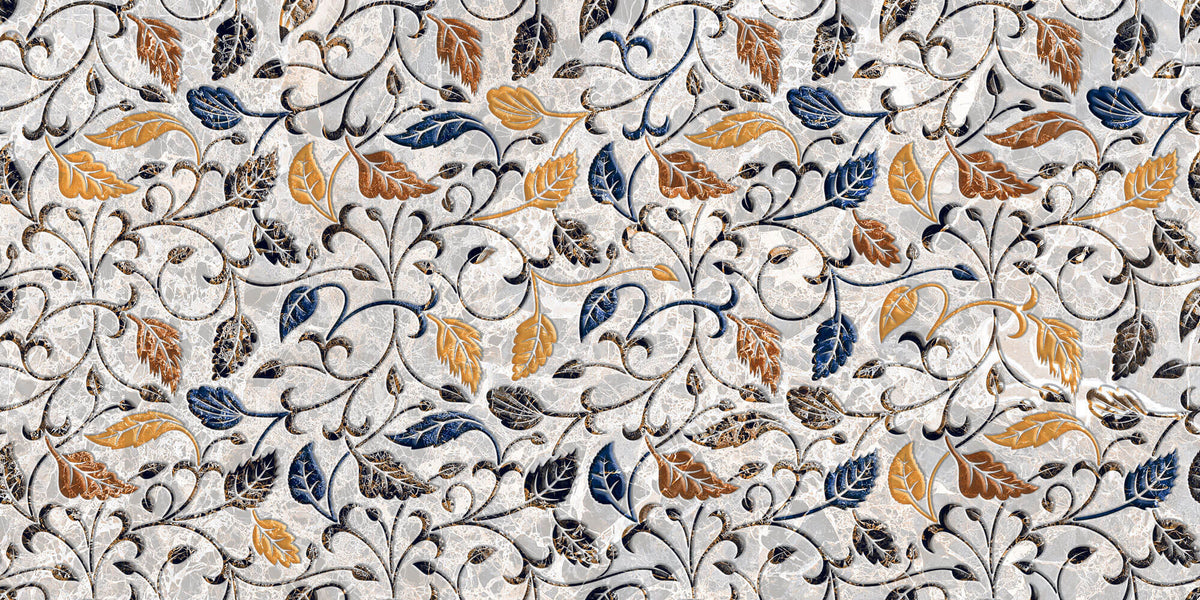Tapet Zen Oriental cu frunze texturate in nuante de galben albastru si gri - AUTUMN MARBLE LEAVES