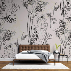 Tapet Zen Oriental cu geishe si bambusi in alb negru - GREY GEISHA