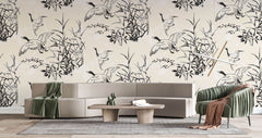 Tapet Zen Oriental cu bambusi si pasari zburatoare in stil de ilustratie - INK ART BIRDS