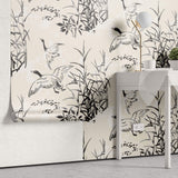 Tapet Zen Oriental cu bambusi si pasari zburatoare in stil de ilustratie - INK ART BIRDS