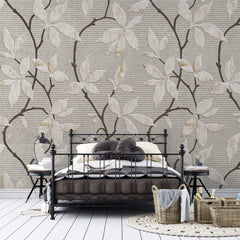 Tapet Zen Oriental cu flori orientale embosate in nuante de gri si crem - CERAMIC ORIENTAL FLOWERS