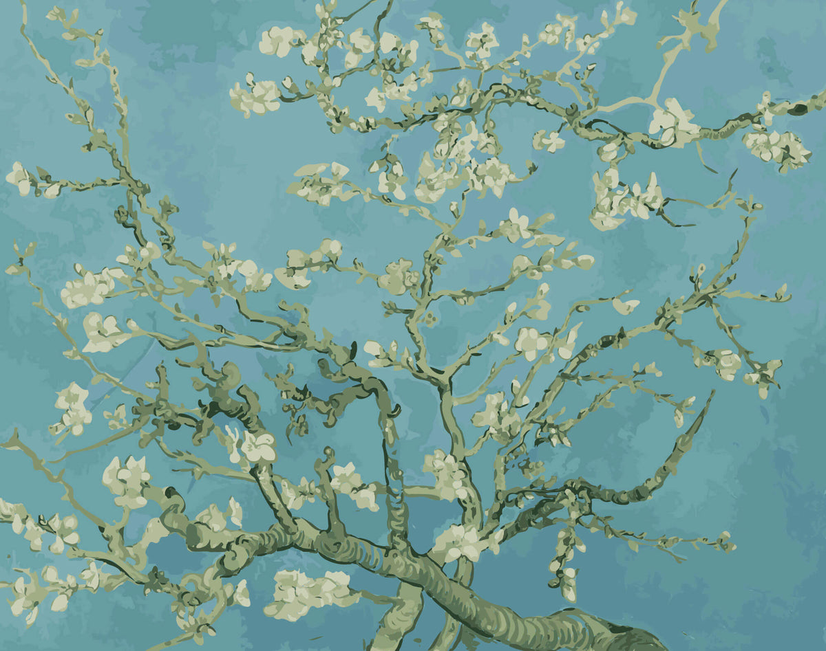 Tapet Zen Oriental cu copac inflorit pictat cu fundal albastru - BLUE TREE ORIENTAL
