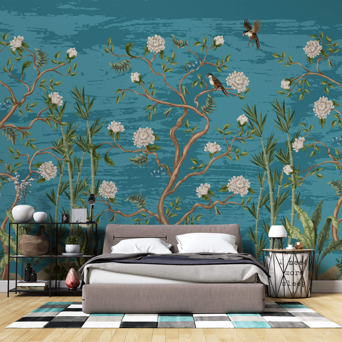 Tapet Zen Oriental cu copaci infloriti si pasari pe un fundal albastru - BLUE TREES CHINOISERIE