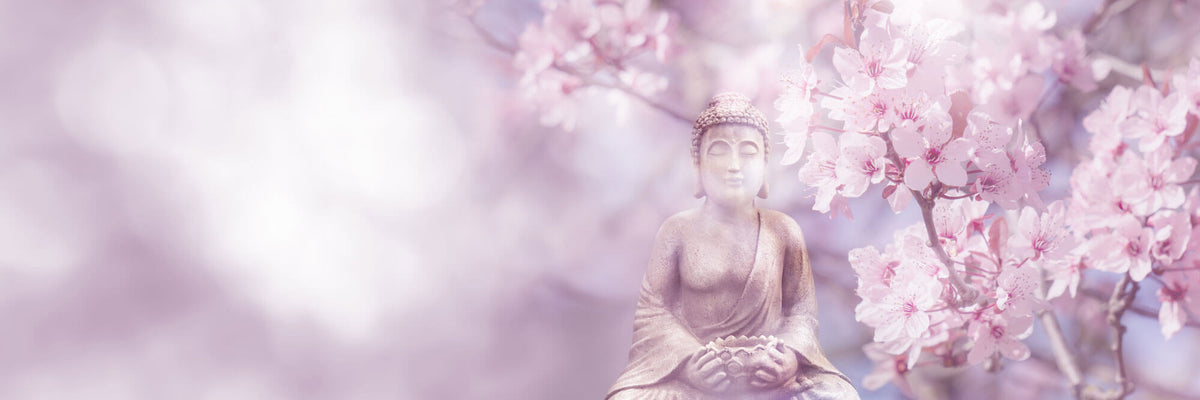 Tapet Zen Oriental cu ciresi infloriti si statueta lui Buddha - CHERRY BLOSSOM BUDDHA