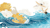 Tapet Zen Oriental cu ilustratie japoneza cu valuri si egrete - JAPANESE WAVES
