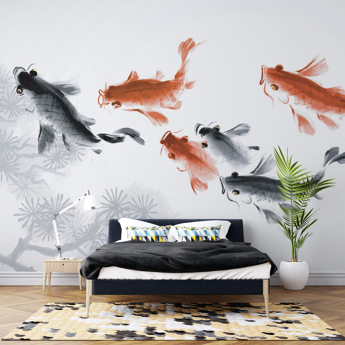 Tapet Zen Oriental cu pesti crap in nuante de rosu si negru - CARP POND