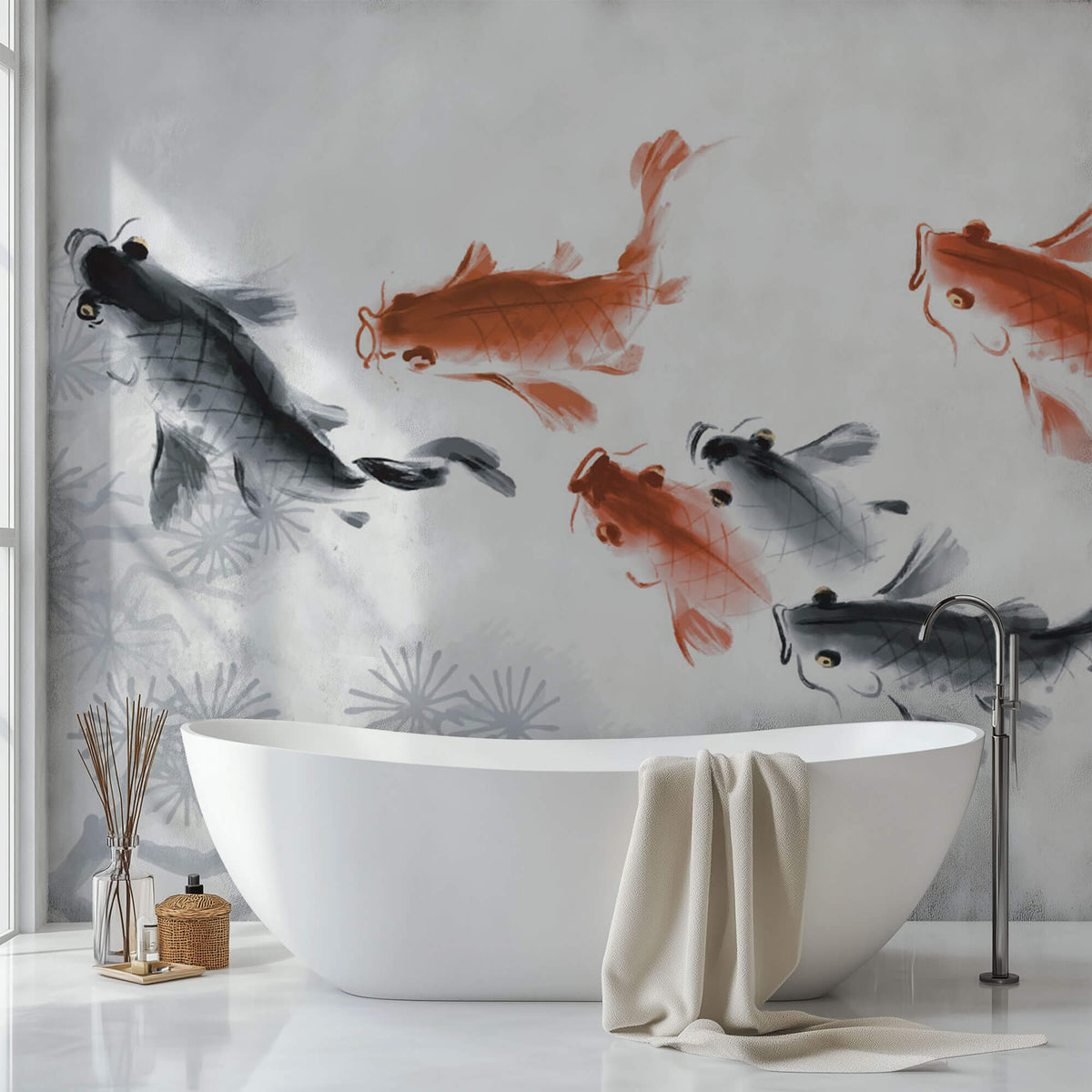 Tapet Zen Oriental cu pesti crap in nuante de rosu si negru - CARP POND