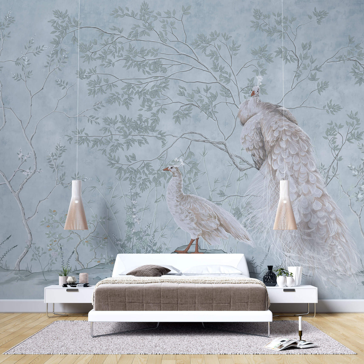 Tapet Zen Oriental cu pauni albi intr-un fundal verde menta - MINTY WHITE PEACOCKS