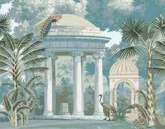 Tapet Zen Oriental cu cupole de piatra si pauni - BLUE ORIENTAL GARDEN