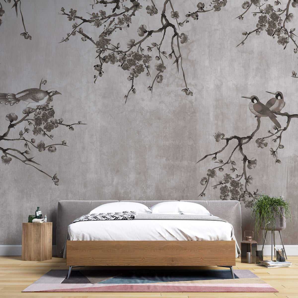 Tapet Zen Oriental cu pruni asiatici si pasari sepia - SEPIA PLUM TREE