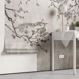 Tapet Zen Oriental cu pruni asiatici si pasari sepia - SEPIA PLUM TREE