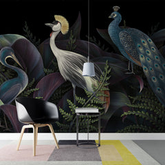 Tapet Zen Oriental cu cocori pauni si vegetatie intunecata - ORIENTAL BIRDS NIGHT