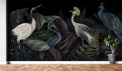 Tapet Zen Oriental cu cocori pauni si vegetatie intunecata - ORIENTAL BIRDS NIGHT