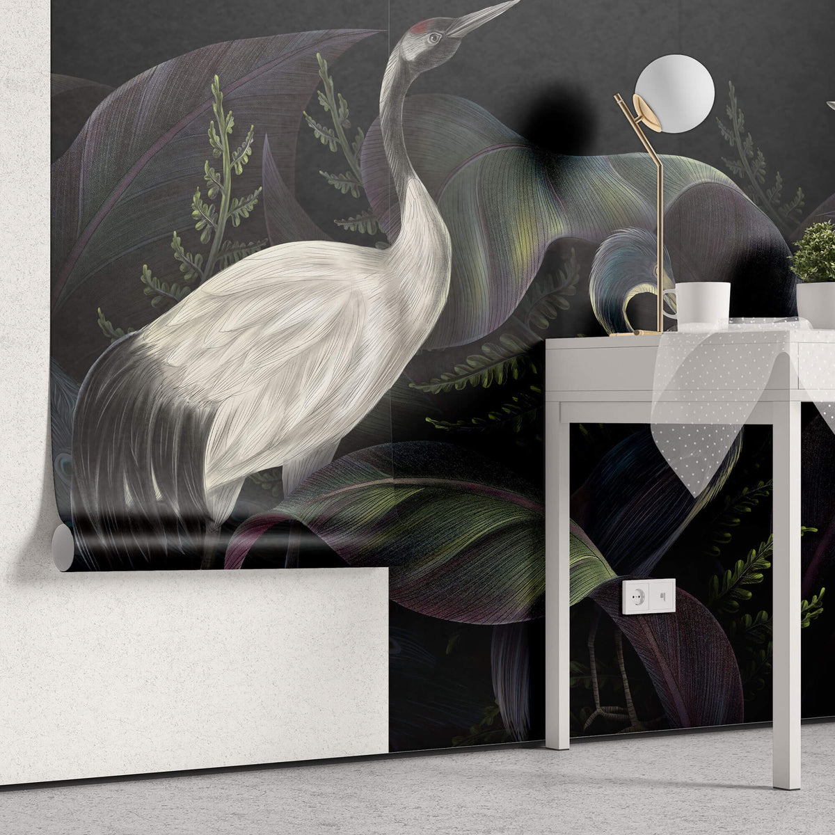 Tapet Zen Oriental cu cocori pauni si vegetatie intunecata - ORIENTAL BIRDS NIGHT