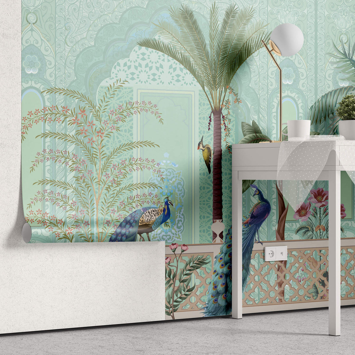 Tapet Zen Oriental cu gradina asiatica pasari si perete mosaic - GREEN ORIENTAL VERANDA
