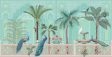 Tapet Zen Oriental cu gradina asiatica pasari si perete mosaic - GREEN ORIENTAL VERANDA