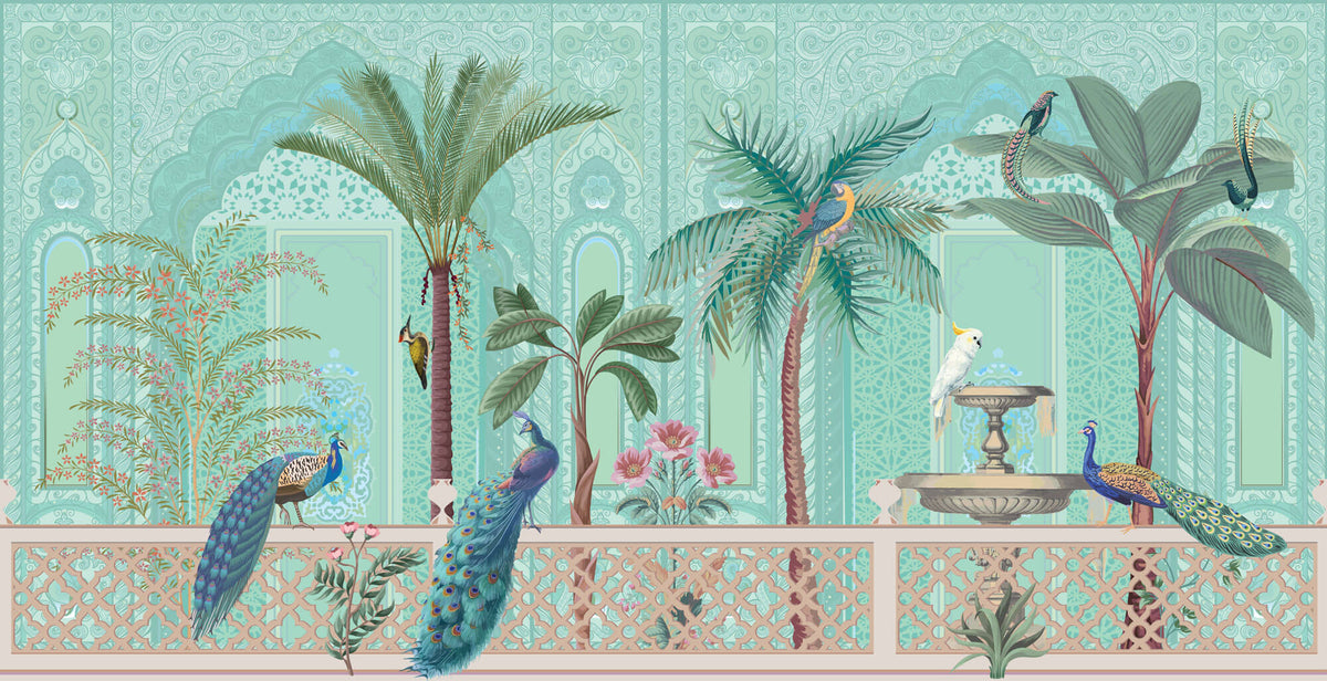 Tapet Zen Oriental cu gradina asiatica pasari si perete mosaic - GREEN ORIENTAL VERANDA