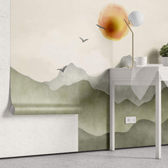Tapet Zen Oriental cu munti verzi si apus - GREEN MOUNTAINS SUNSET