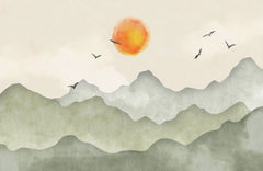 Tapet Zen Oriental cu munti verzi si apus - GREEN MOUNTAINS SUNSET