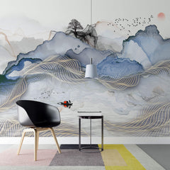 Tapet Zen Oriental cu peisaj abstract montan si elemente asiatice - WAVY LANDSCAPE