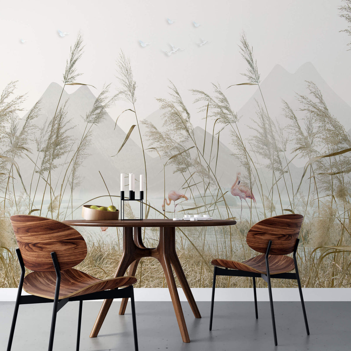 Tapet Zen Oriental cu peisaj montan cu flamingo si vegetatie - SEA GRASS FLAMINGO